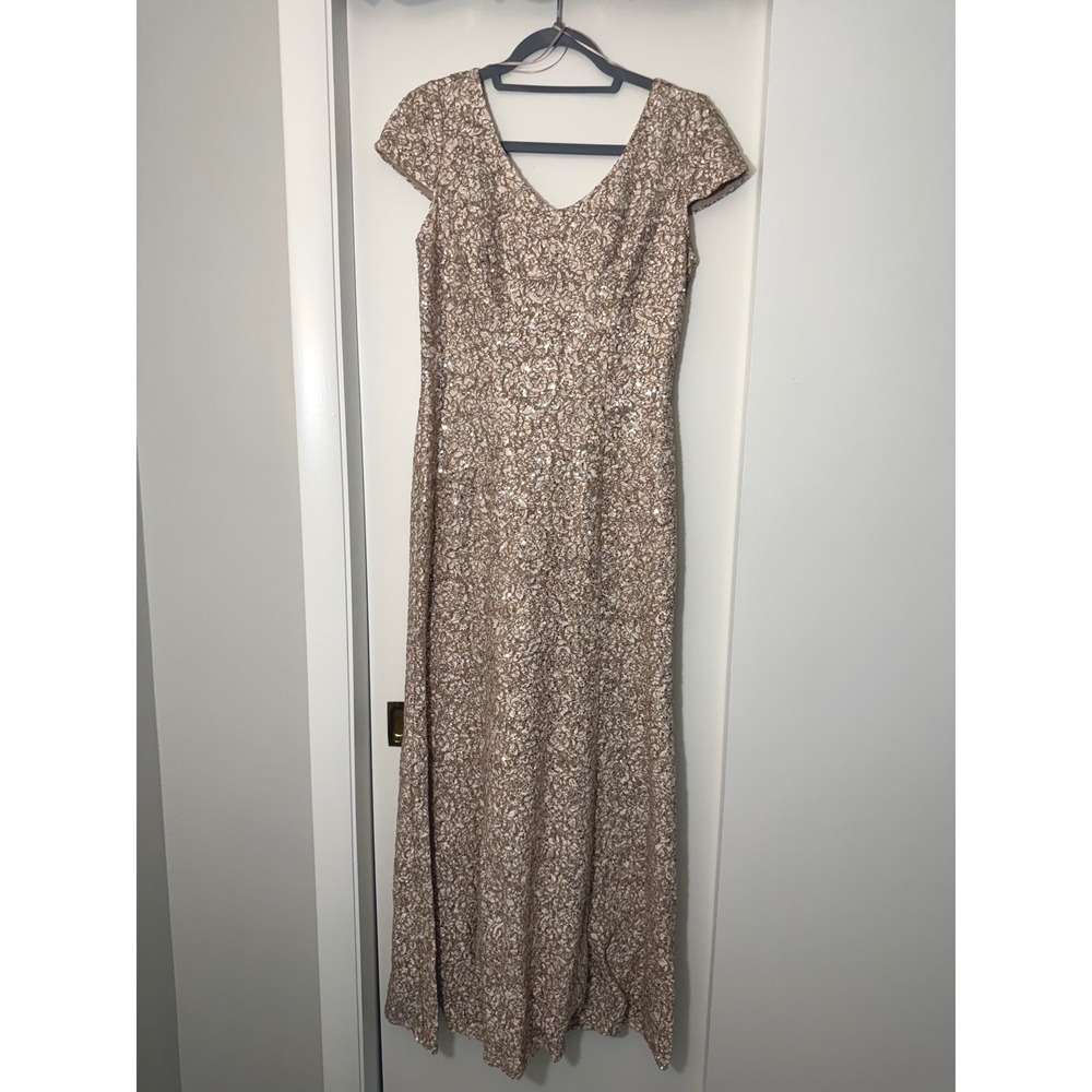 Alex Evenings Women Petite 8P Champagne Sequin Lace V-Neck Cap Sleeve Maxi Gown